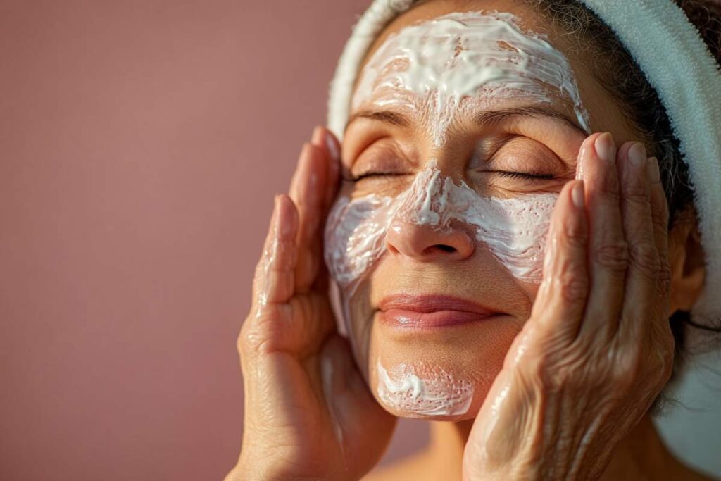 une femme âgée qui met de la crème sur son visage